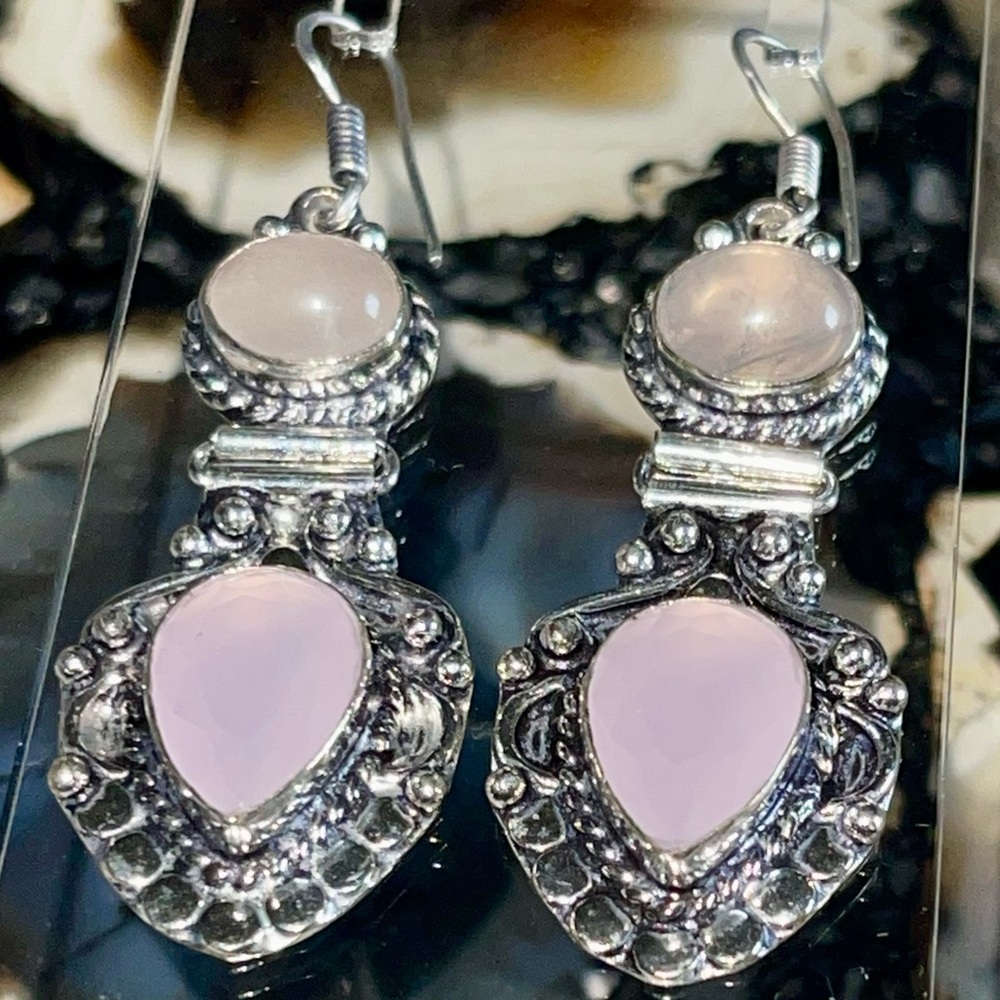 Chalcedony & Rose Quartz “Stone of Pure Love” Earrings 2 1/2”